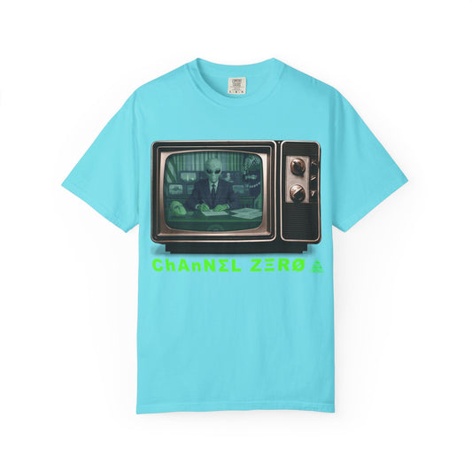 Channel ZΞRØ Tee – Alien Broadcast on Lagoon Blue