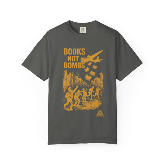Books Not Bombs Tee – Mustard Ink on Pepper